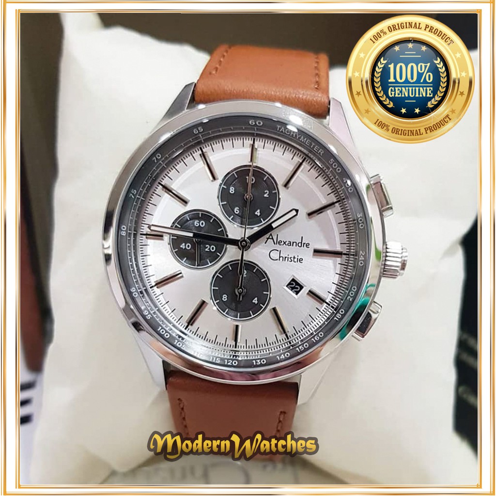 Jam Tangan Kulit Ori Pria Alexandre Christie AC 6557 Silver Brown Tali Coklat Sport Cowok Alexander