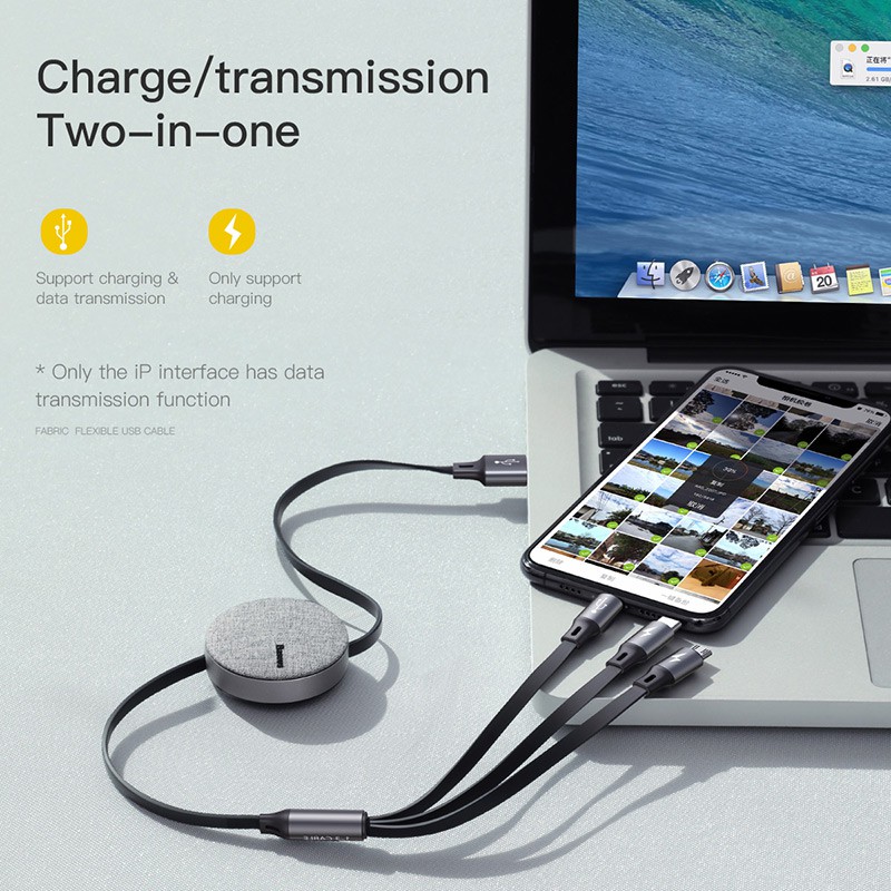 Baseus Kabel Data / Charger 3 in 1 USB Tipe C / Micro USB Bahan Kain Flexible Untuk Phone