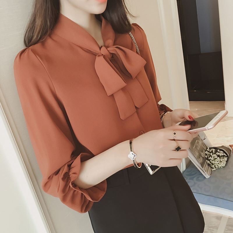 [FANYA]Blouse wanita  import lengan panjang kerah pita-Merah Bata