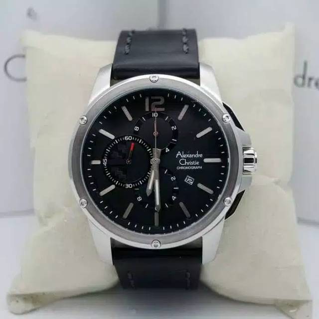 Jam Tangan Alexandre Christie AC 6486MC Leather / Kulit Black Body Silver  Pria / Cowok Original