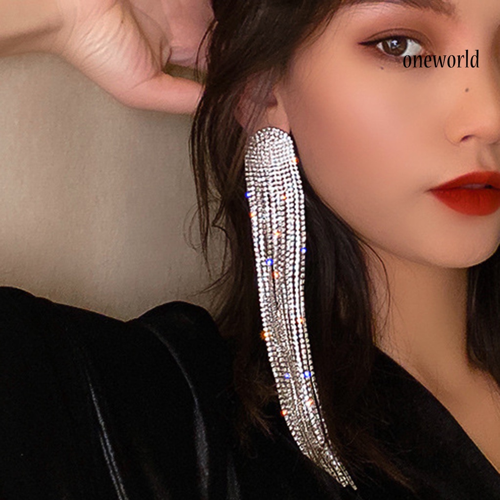 OW# Long Full Rhinestone Tassel Earrings Alloy Shiny Women Dangle Earrings Jewelry Accessories