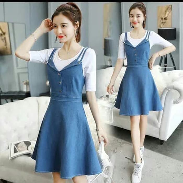 Baju Dress Pakaian Wanita katun denim biru muda termurah