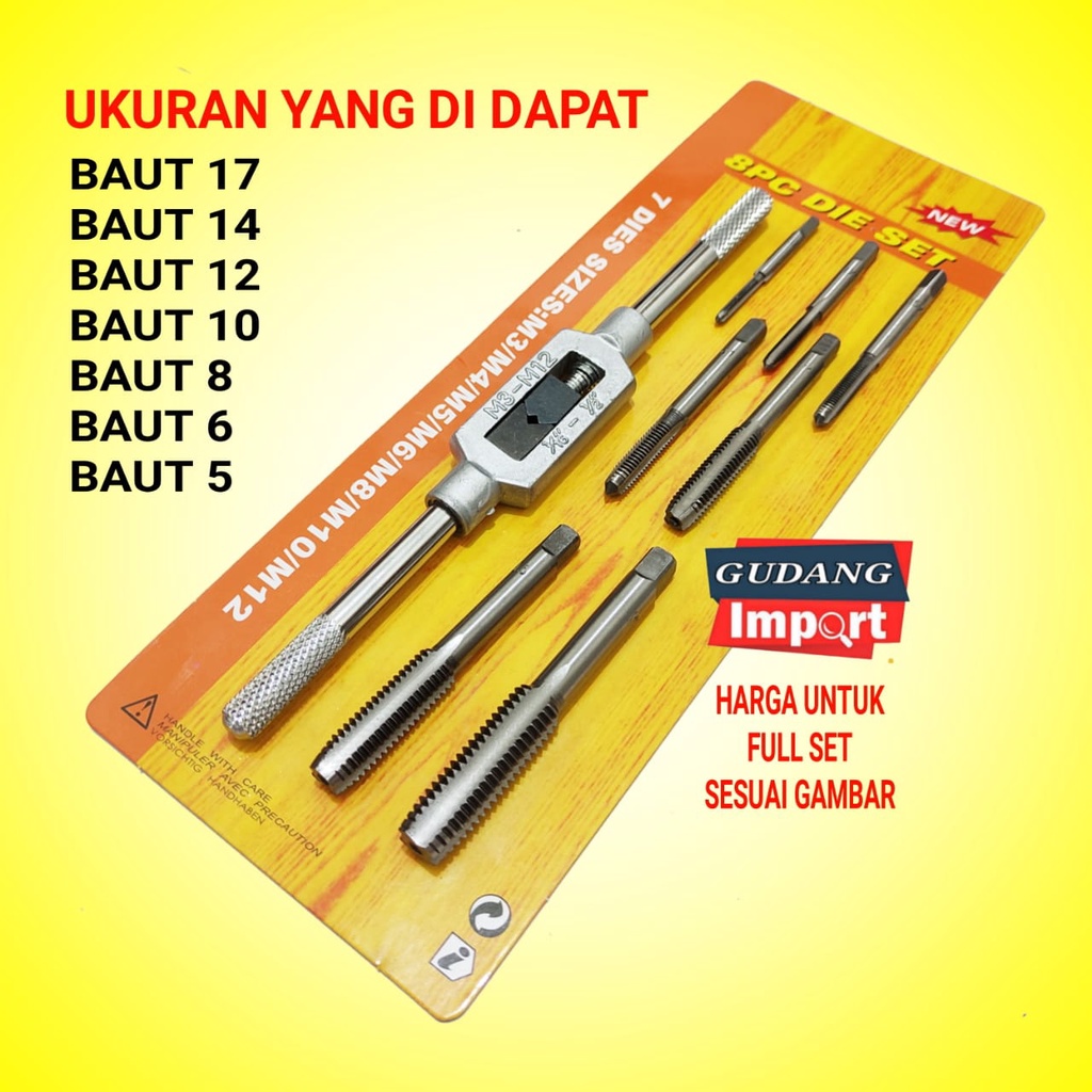 Hand Tap Handtap Senai Drat Derat Baut mata tap baut alat tap Set M3 M4 M5 M6 M8 M10 M12 hand tap tap baut alat bor