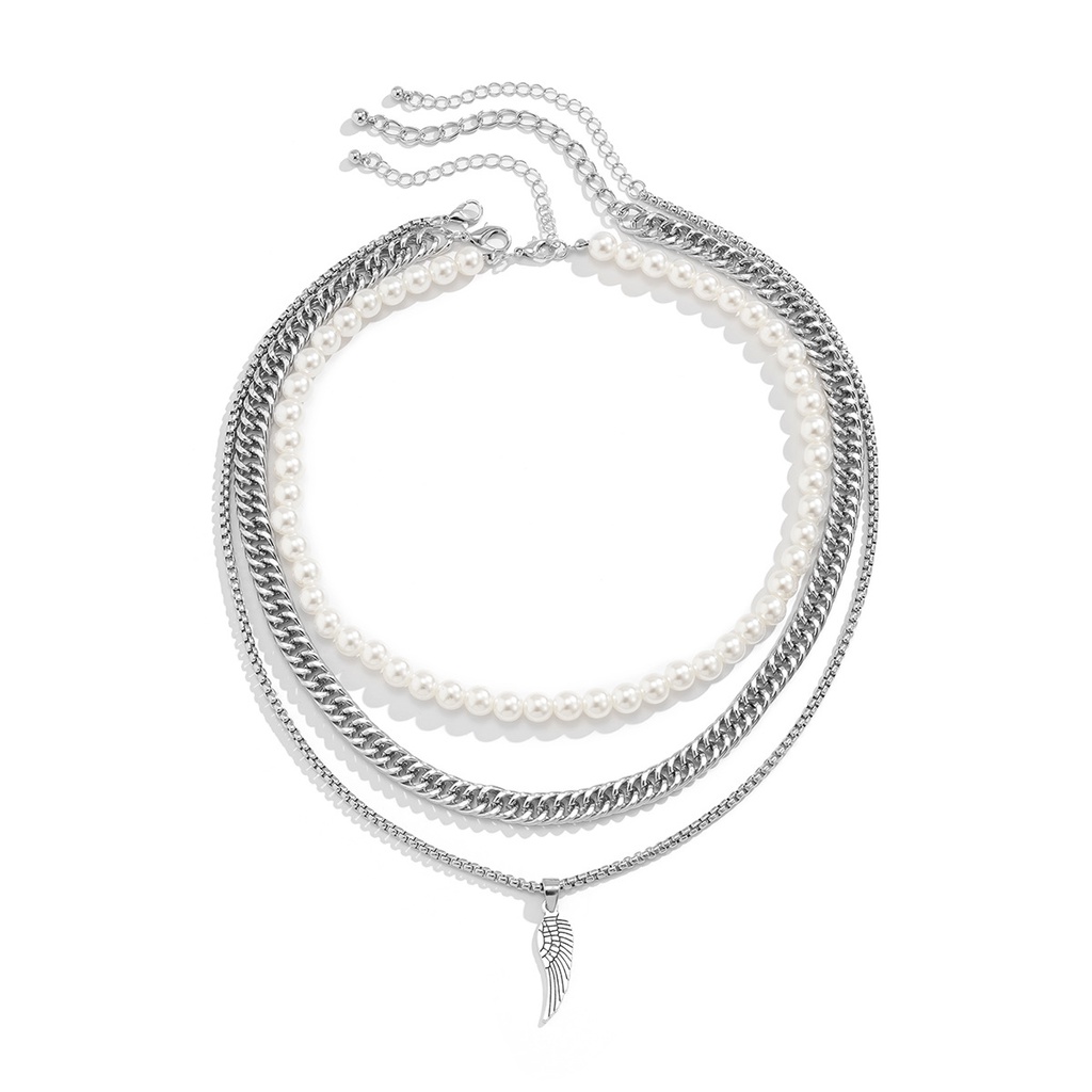 Kalung Rantai Multilayer Liontin Bulu Aksen Mutiara Gaya Retro Eropa Amerika Untuk Pria