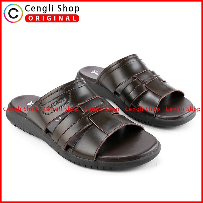 PL48 SANDAL SLIDE PLAYBOY PRIA ORIGINAL CASUAL KULIT BRANDED COKLAT