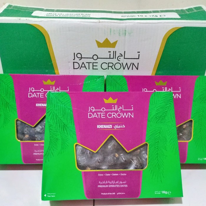 Kurma Date Crown Khenaizi 1 Kg Tekstur Padat, Kenyal, Manisnya pas kemasan terbaru EXP masih lama