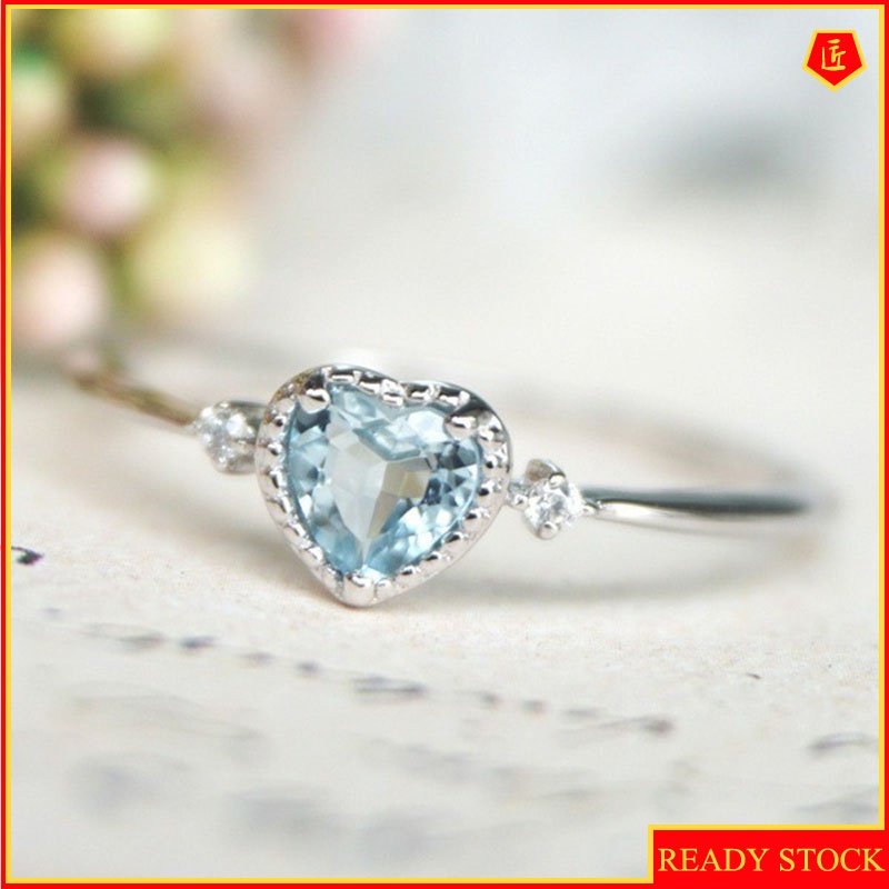 [Ready Stock]Women's Inlaid Navy Blue Topaz Heart-Shaped Ring Simple and Elegant