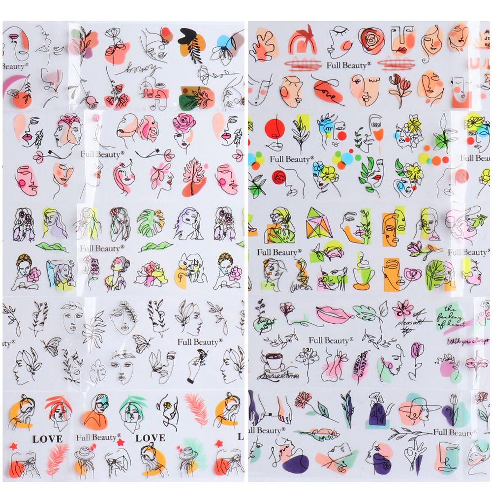 Agustina Nail Art Transfer Paper Wanita 10Pcs/set Manicure Aksesoris Abstrak Garis Wajah Daun Kuku Decals