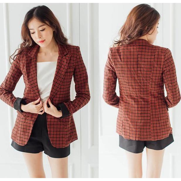 Outer Blazer Coat Jaket Kantor Tartan Kotak Baju Wanita Korea Import