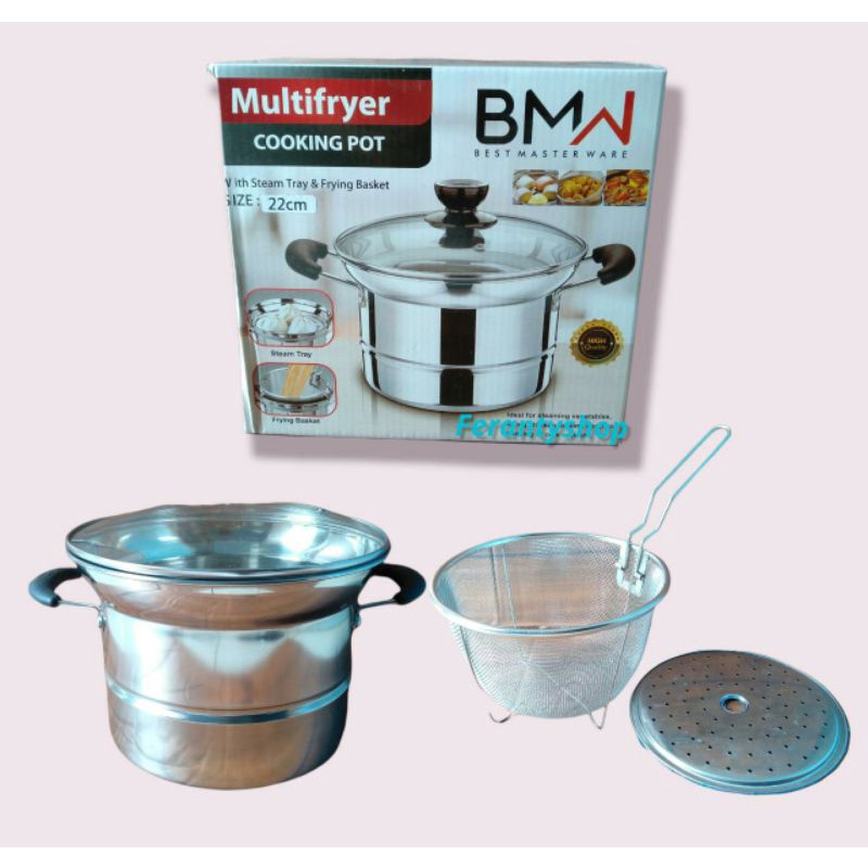 Diskon BMW Kitchen Ware perlengkapan dapur - Panci Set Kukus Goreng Rebus Deep Fryer 3 in 1 Kuping Panci Sup Korea Stainless