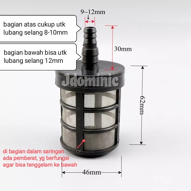 saringan selang air 5/16 lubang 8mm 3/8 dalam 10mm 1/2 inchi inci inc in dim lobang 12mm pompa DC 12