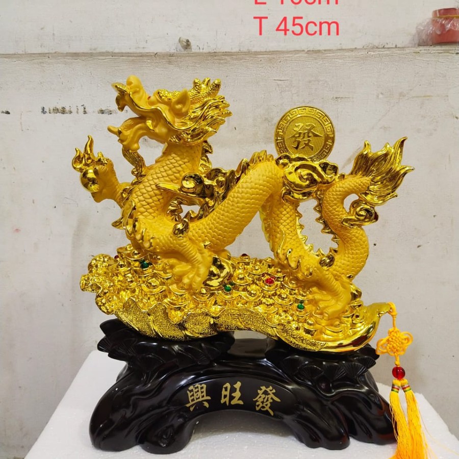 patung naga emas pajangan dekorasi naga koin 45 cm