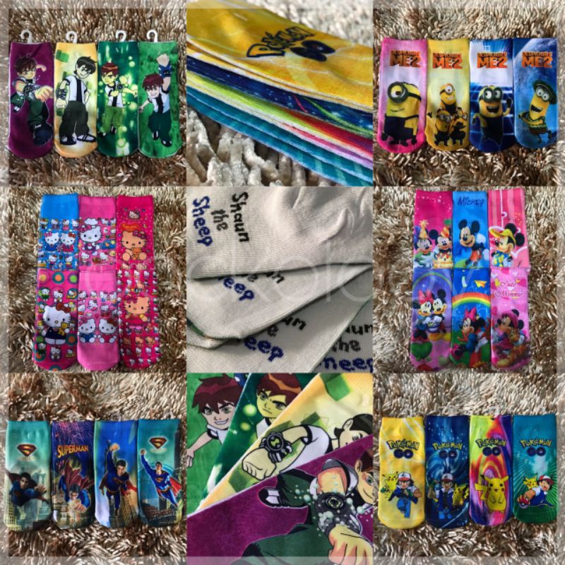 (Min 3pcs @6.000) Kaos kaki sablon anak ben10 shaun the sheep mickey minnie pokemon superman hello kitty minion