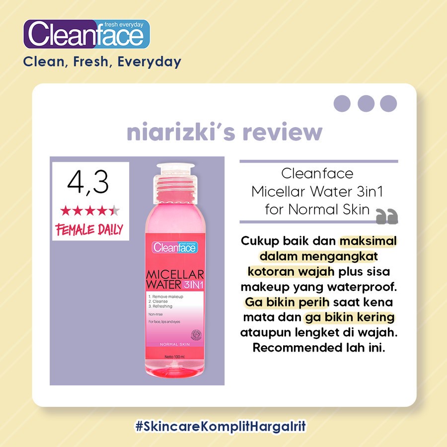 Cleanface Micellar Water 3in1 For Normal Skin / Pembersih Wajah / Pembersih Makeup Waterproof Clean Face 3 in 1