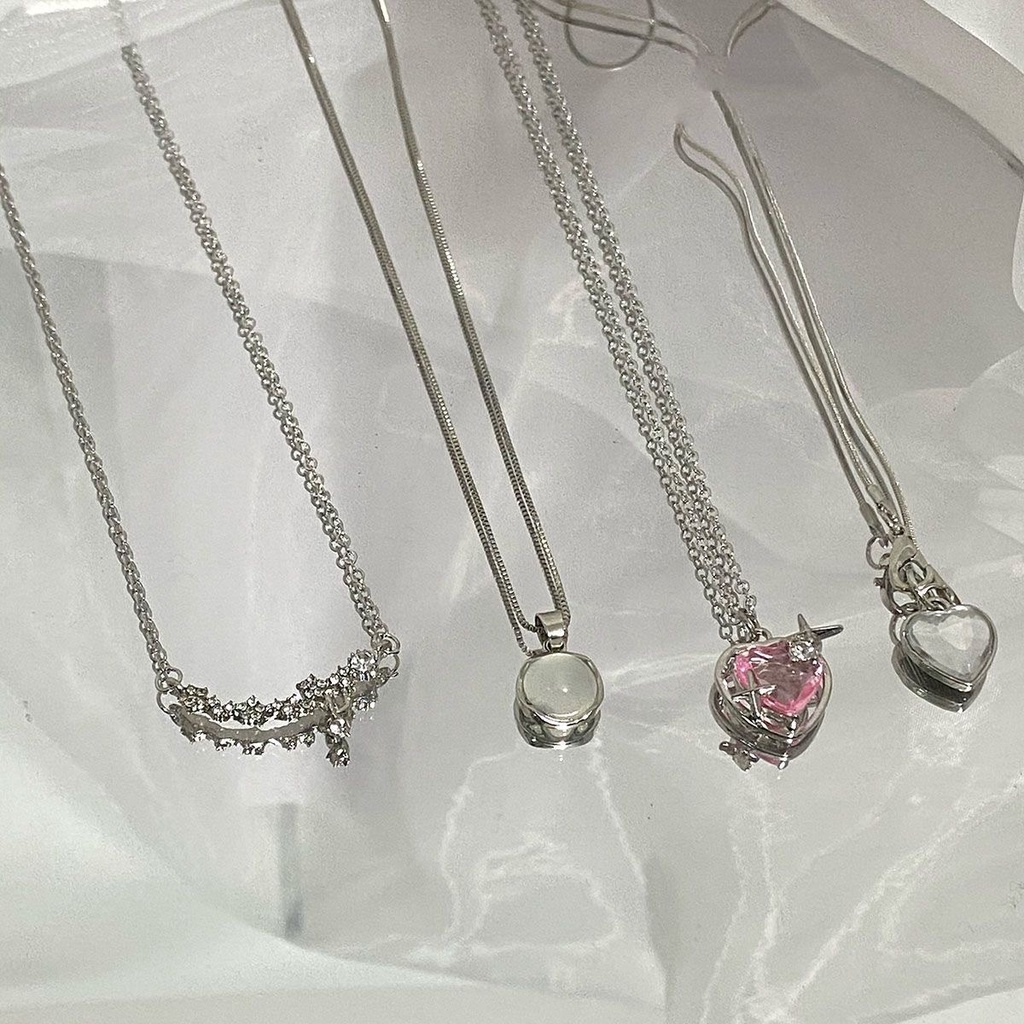 Kalung Liontin Hati Bahan Alloy Hias Zirconberlian Imitasi Warna Pink Gaya Korea Untuk Wanita