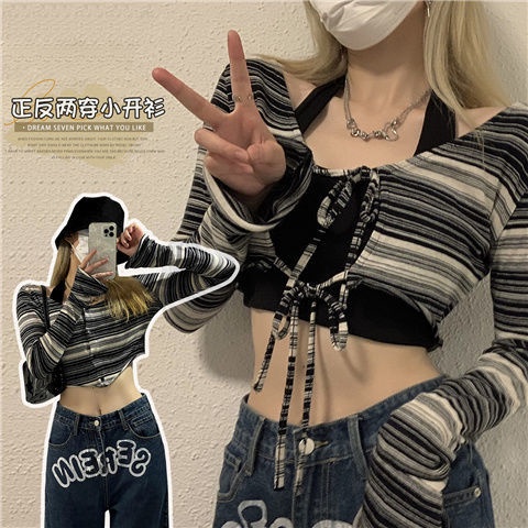 kaos wanita korean style black and white striped short cardigan lace up T-shirt lengan panjang two-p