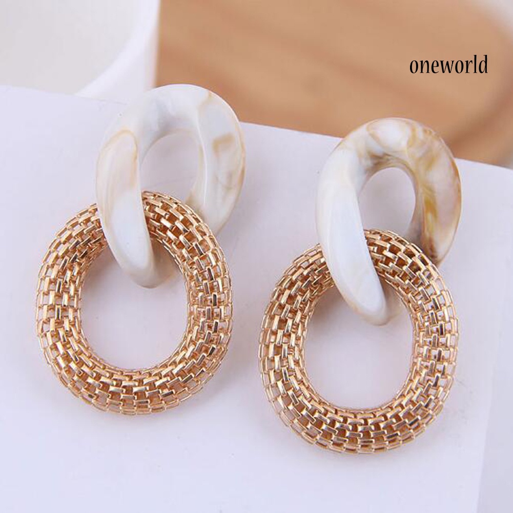 OW@ Women Fashion Acrylic Mesh Linked Circle Pendant Stud Earrings Party Jewelry