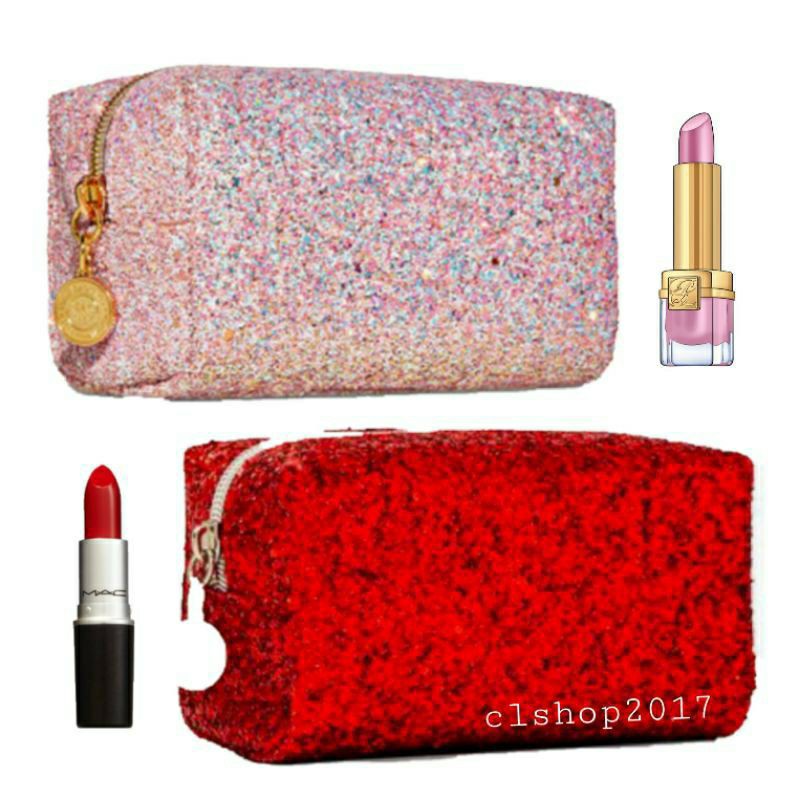 BATH &amp; BODY WORKS BBW RED LIGHT PINK POUCH GLITTER RED POUCH COSMETIC BAG P14 x L7.5 x T7,5 cm