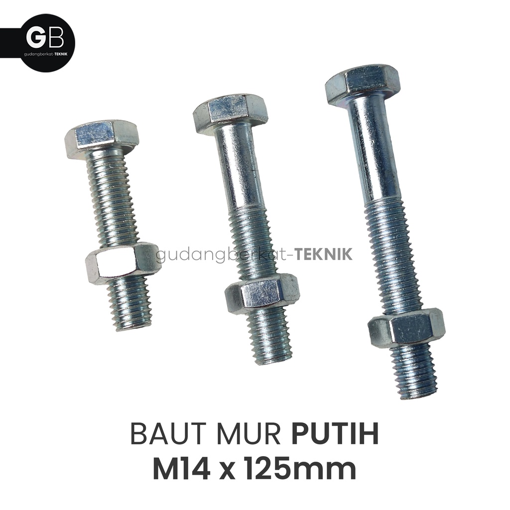 Baut Mur Putih M14x125 / BMP 14x125 (125mm) / Baut M14 Putih Kunci 22