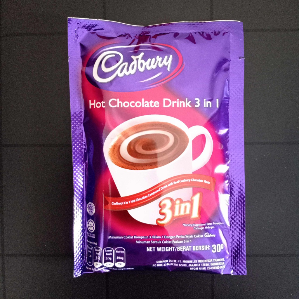 Cadbury Sachet 30gr Hot Chocolate Drink 3in1 3 in 1 Minuman Coklat Cokelat Bubuk Serbuk 30 gr