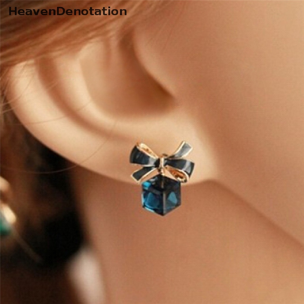 Anting Stud Desain Pita Aksen Kristal Berlian Imitasi Warna Biru Untuk Wanita