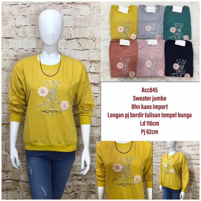 Sweater lengan panjang bordir tulisan tempel bunga