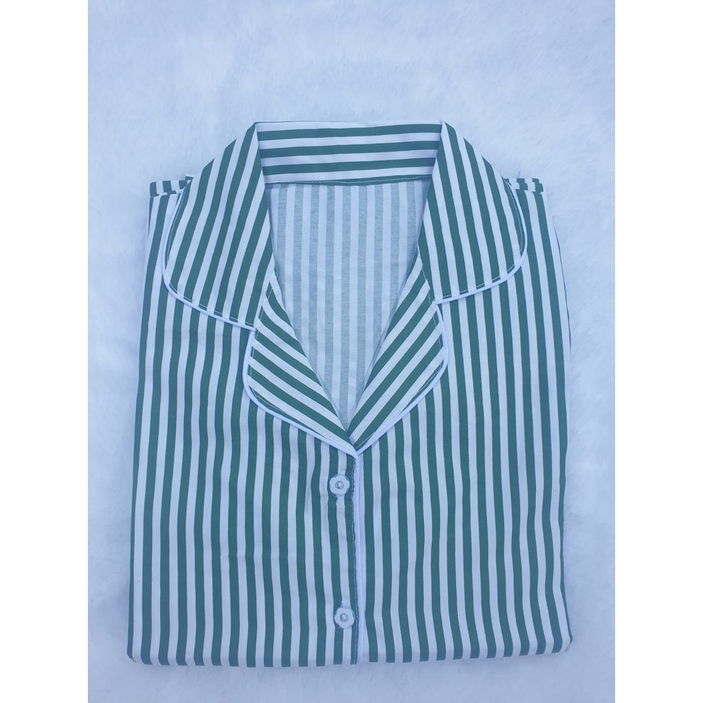 BJ-Piyama CP Wanita Dewasa Salur - Baju Tidur Lengan Pendek-Salur Hijau Botol