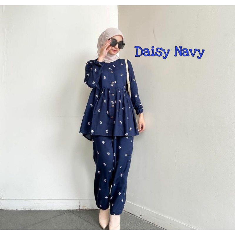 One Set Rayon Viscose Premium motif terbaru-Daisy Navy