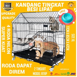 Kandang Kucing 2 Tingkat Model Atap Rumah Besi Tebal Lipat 