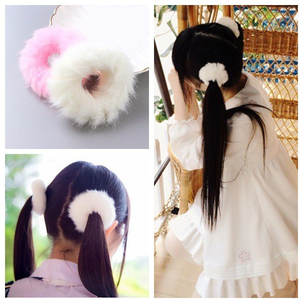 HR-08 kunciran bulu bulat anime ponytail rabbit fur hair rope kuncir