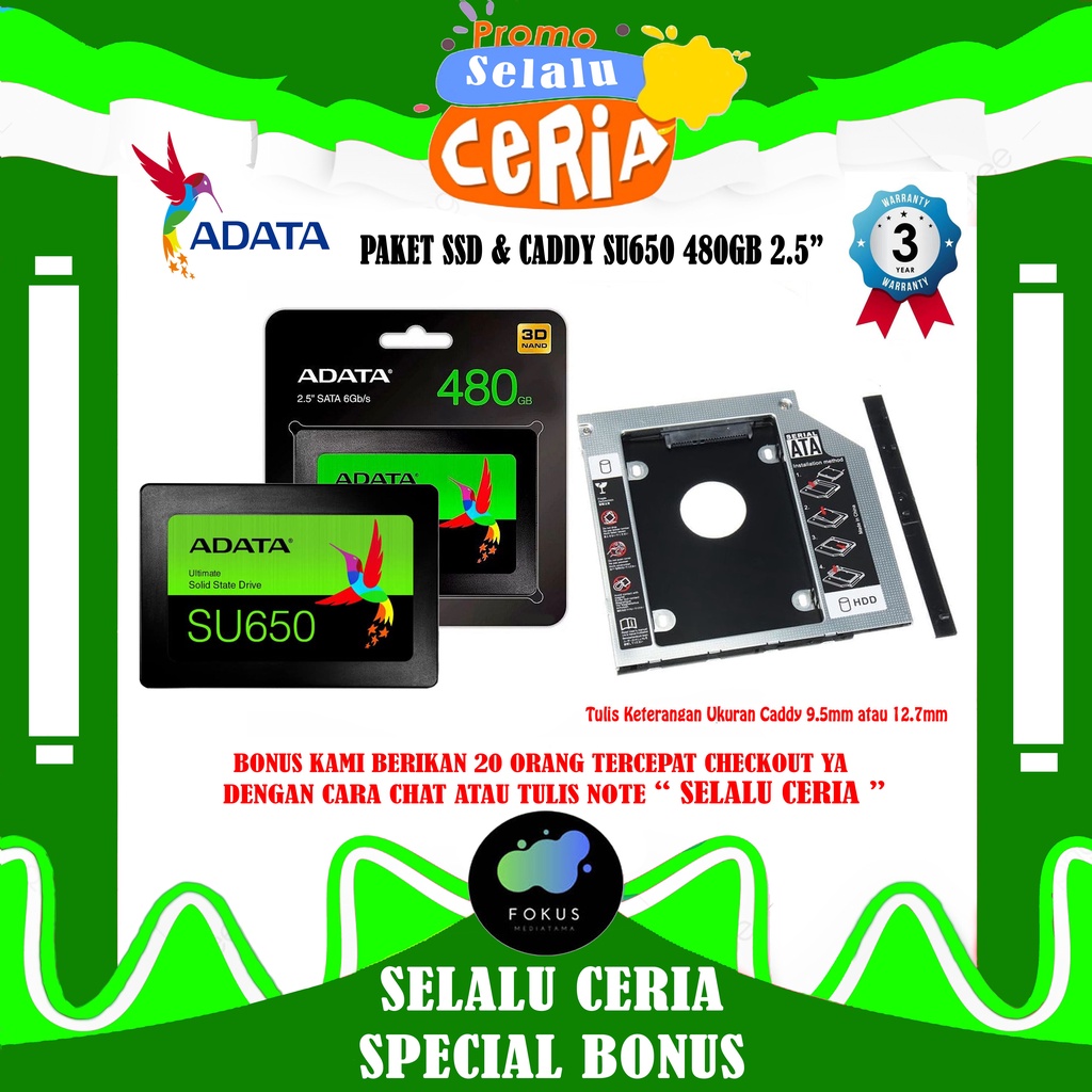 PAKET SSD DAN CADDY ADATA SU650 480GB Ultimate 2.5 Sata III