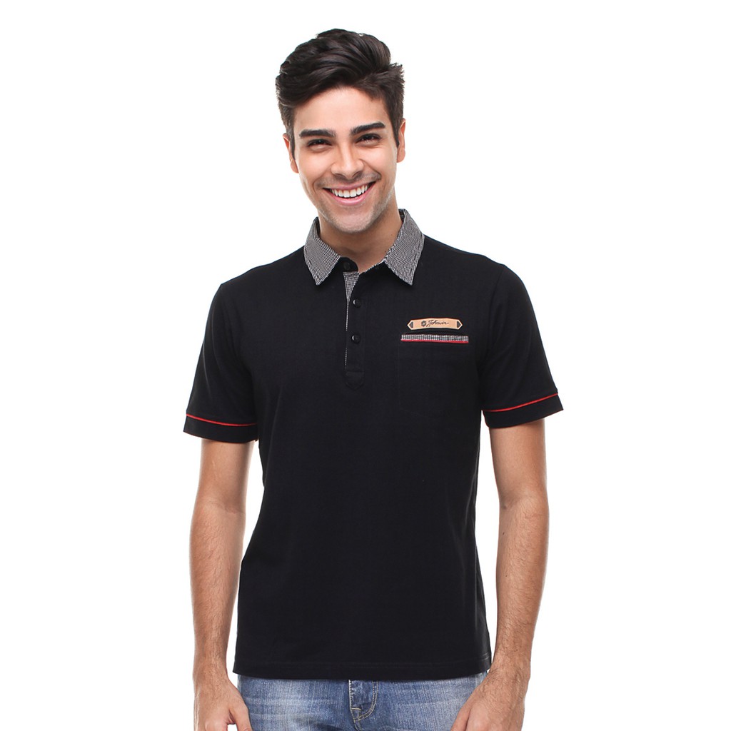 Johnwin - Kaos Casual - Kaos Polo - Kaos Pria - Kerah Motif - Hitam - Slim Fit - ATS.625.M129.33.C -
