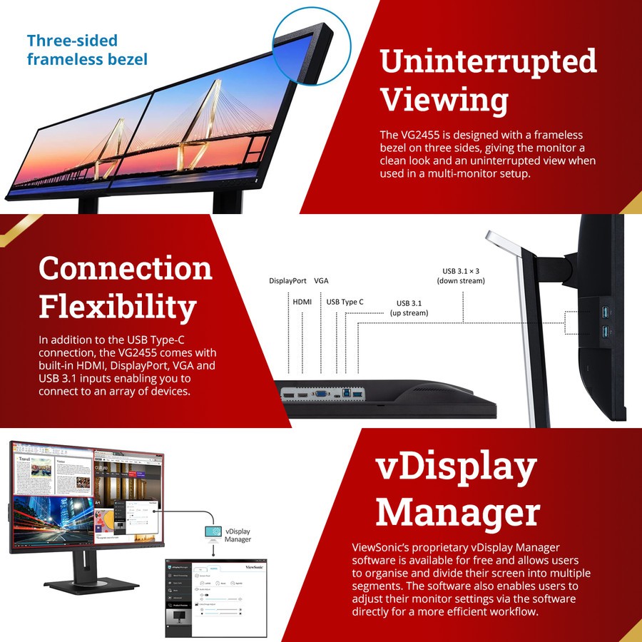 Monitor led viewsonic 24 inch IPS Type-c-displayport-vga-hdmi-Usb-b 3.0-Usb-a 3.0 fhd 1080p vg2455