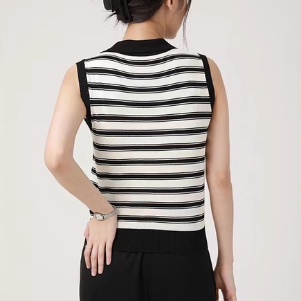 【Elegant】Striped Sleeveless Turn-down Collar Vest 7492