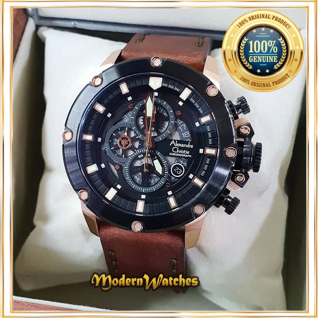 Jam Tangan Pria Ori Alexandre Christie AC 6564 Coklat Brown Rosegold Hitam Terlaris Tali Kulit Cokla