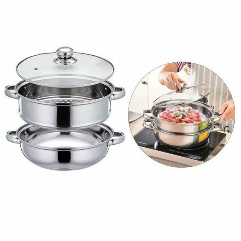 panci kukus 2 susun stainless dandang steamer model terbaru tutup kaca mengukus roti kue stainles st