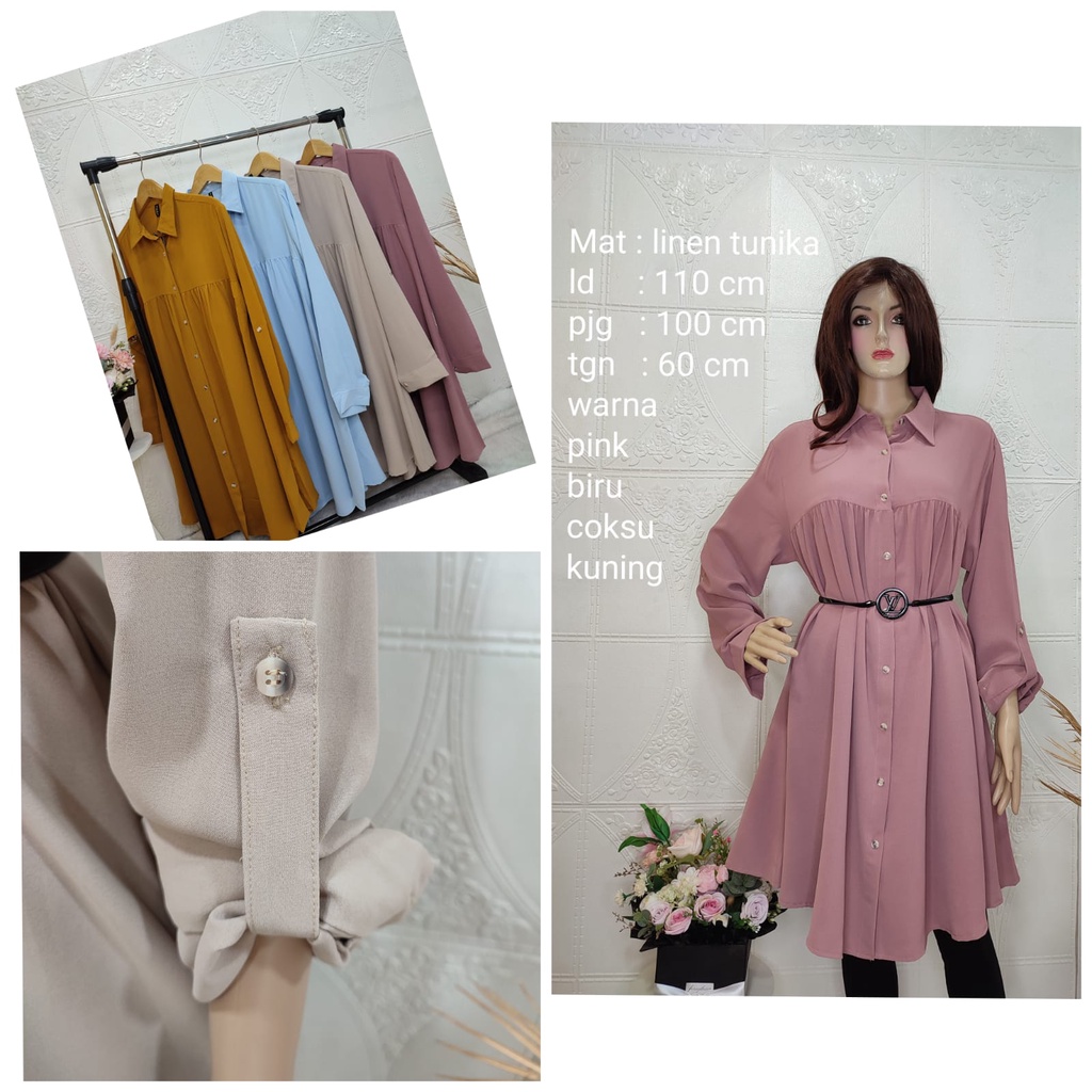 tunik krah kerut dada/kancing buka ful