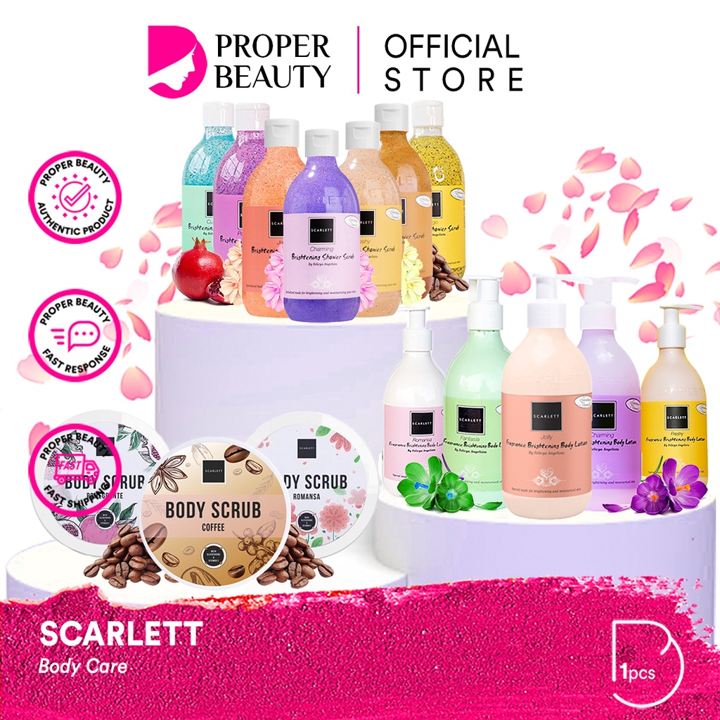 SCARLETT Whitening Body Care Indonesia / Brightening Shower Scrub Fragrance Lotion Sabun Mandi Tubuh / Skincare Cleanser Facial Wash Essence Toner Serum Day Night Cream Clay Mask Masker Gel Moisturizer Shampoo Conditioner / Brightly Acne Paket Mini Wajah