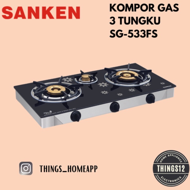 Promo Kompor Gas Sanken 3 Tiga Tungku Tempered Glass - Kaca SG533  SG 533 Murah