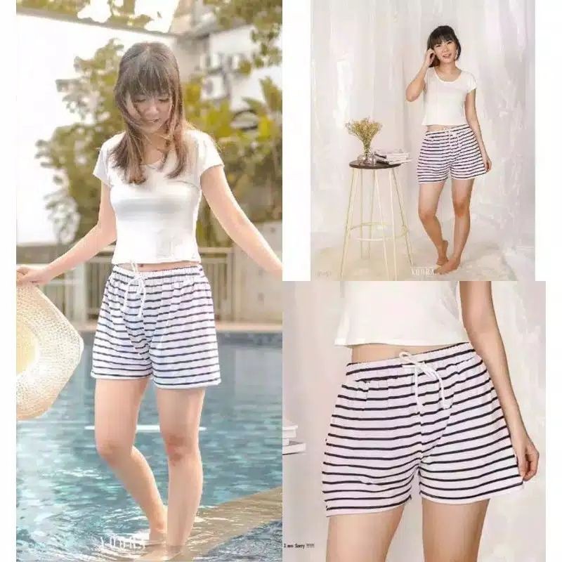 Celana pendek L hot pants kolor cewek salur garis hitam putih