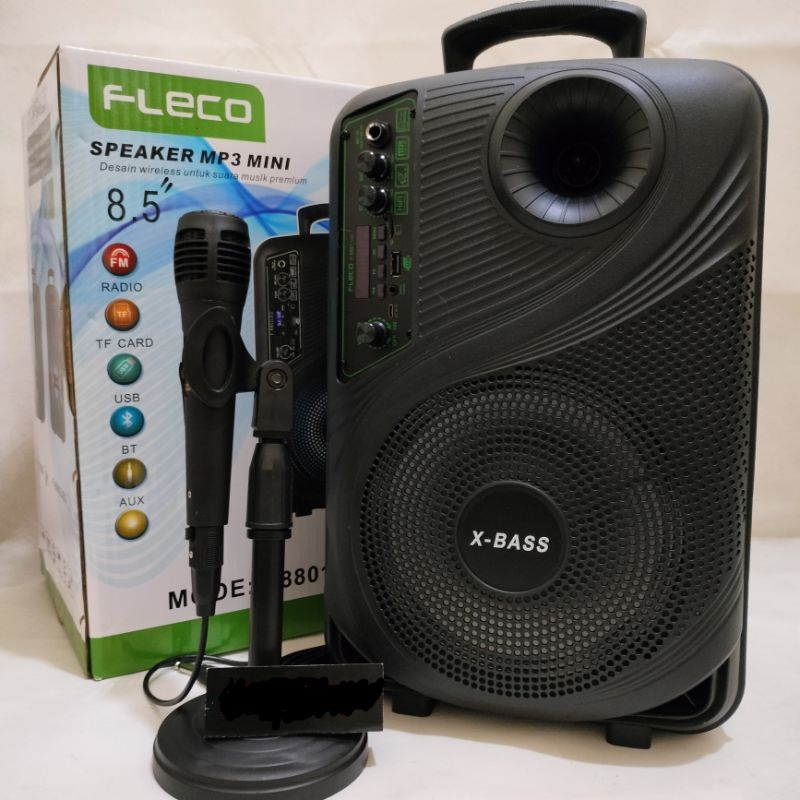 TERMURAH SPEAKER BLUETOOTH FLECO F 8809 LED 8'5 INCH FREE MIC WIRELESS KARAOKE + REMOTE + STAND - SPEAKER KARAOKE FULL BASS - Salon Aktif Extra Power Full Bass F-8809 LED