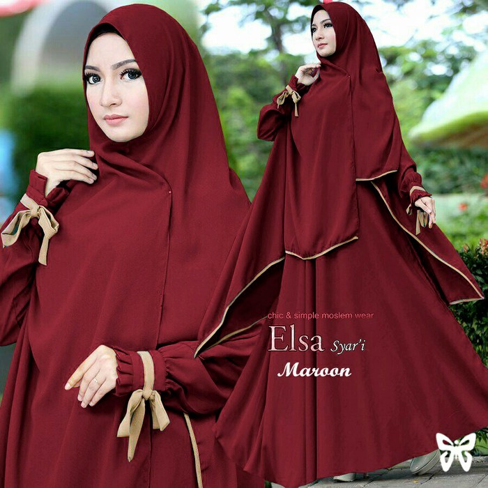 Baju Gamis Syari Polos Wanita Muslim Kombinasi Brukat Busui Ka DC242 Elsa Ribbon - Maroon