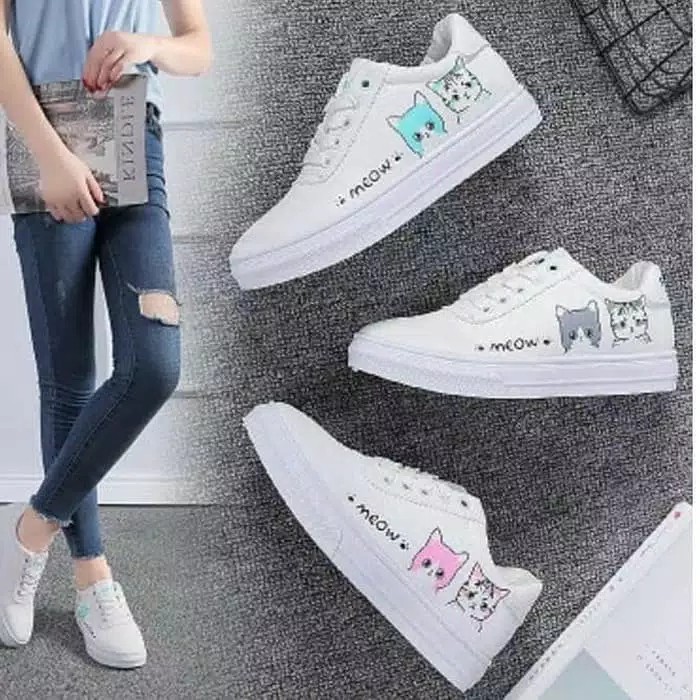 SEPATU SNEAKERS WANITA KASUAL MEOW LUCU / SEPATU WANITA FASHION SEKOLAH PUTIH KEKINIAN COD