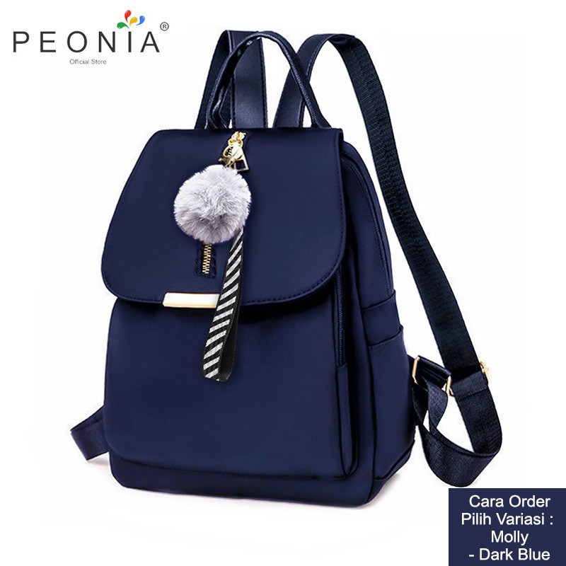 Peonia PNA MOLLY POM Water Resistant Ransel Korea Tas Wanita Punggung Import Kantor Kerja Sekolah Kuliah Outdoor Trendy Fashion Style Travel Casual Backpack Anak Remaja Perempuan Selempang Cewek Bag-Dark Blue