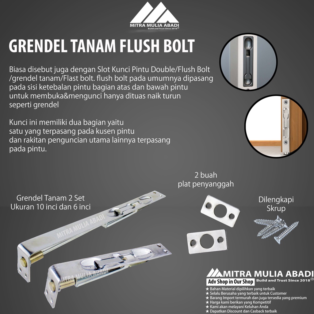 Grendel Tanam Stainless 6&quot;+10&quot; / Slot Tanam | Grendel Tanam Set 6&quot;+10&quot; l Slot Pintu l Flush Bolt l Selot&quot;