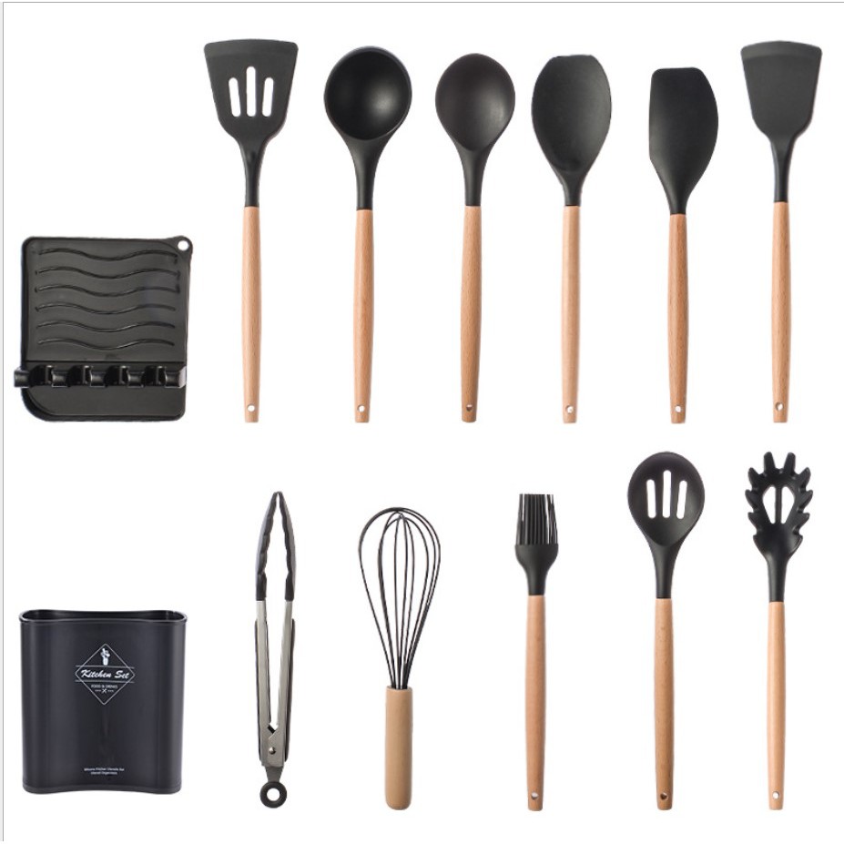 Square Bucket Utensil Set 13 Pcs / Peralatan Masak Goreng Tumis Rebus Panggang Sutil Spatula Silikon