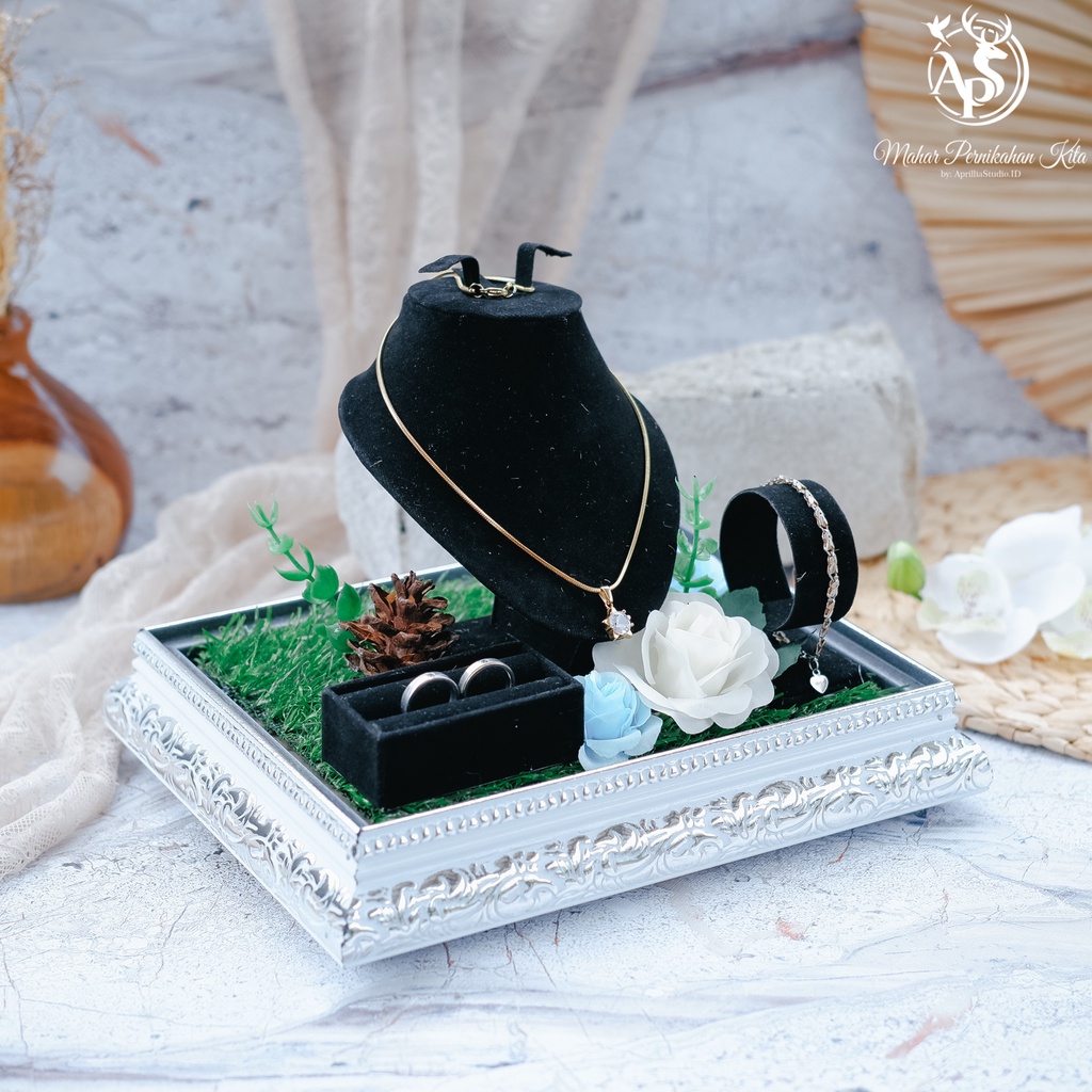 TEMPAT MAHAR PERHIASAN | KOTAK SESERAHAN PERHIASAN SET KOMPLIT | CINCIN GELANG KALUNG ANTING + TUTUP ACRYLIC Uk 22x17x19 cm Putih