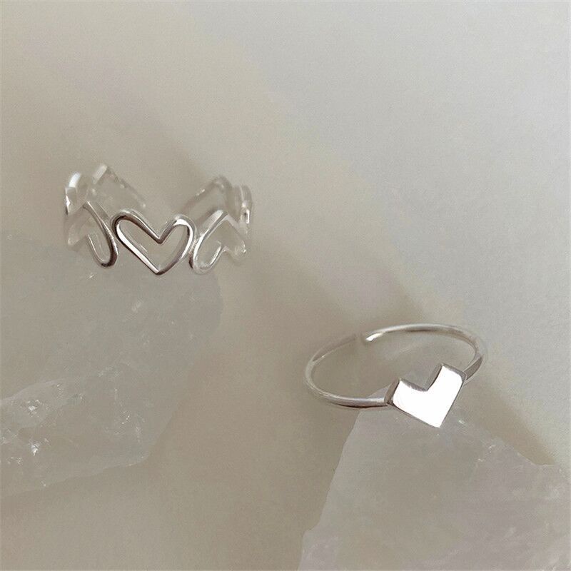 2pcs / Set Cincin Model Terbuka Desain Hati Hollow Gaya Simple Adjustable Untuk Wanita