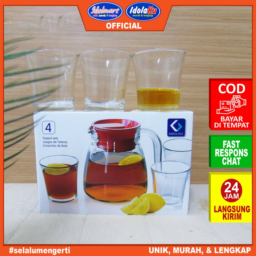 IDOLMART Teko Set Mini Kimglass - Teko plus Gelas 4in1 - Teapot Kaca Surabaya