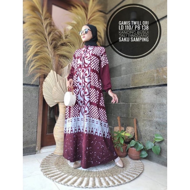 Gamis Twill Ori Gamis Batik Cap Malaman Busui Kancing Depan Merah Maroon Gamis Syar'i Wanita Terbaru